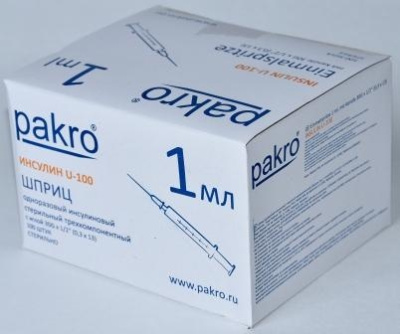 1 мл трехкомпонентный шприц Pakro инсулиновый U100 , с иглой 0,3х13, 100 шт купить оптом в Волгограде